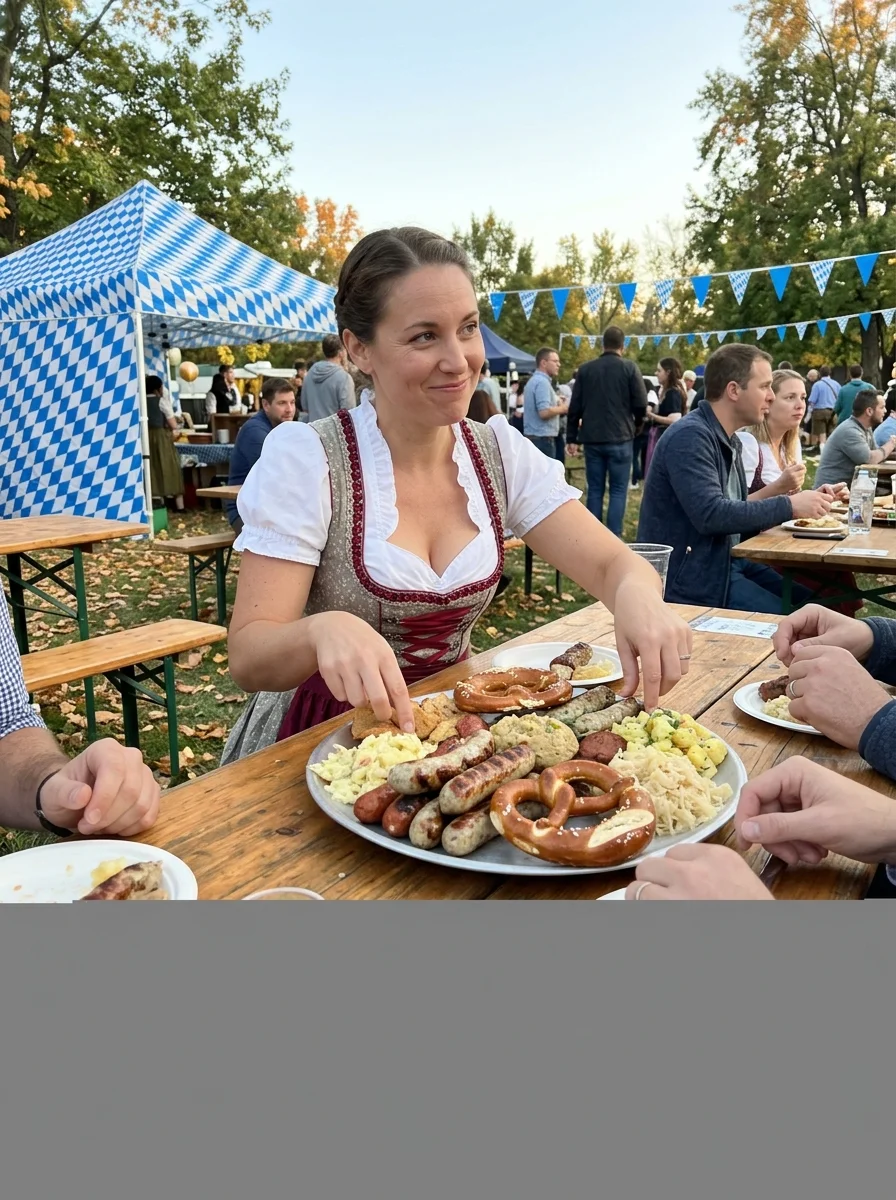Feast for eight. Host or order the mega-platter: multiple sausages, pretzels, kraut, and sides covering the entire table.