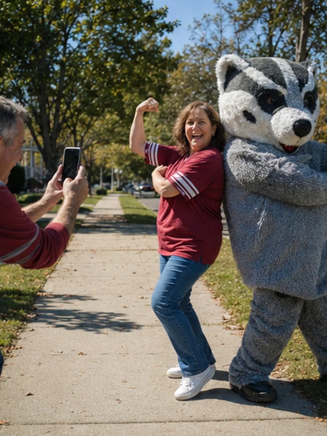 Mascot spotting: You and any mascot. Any species. Bright daytime scene.
