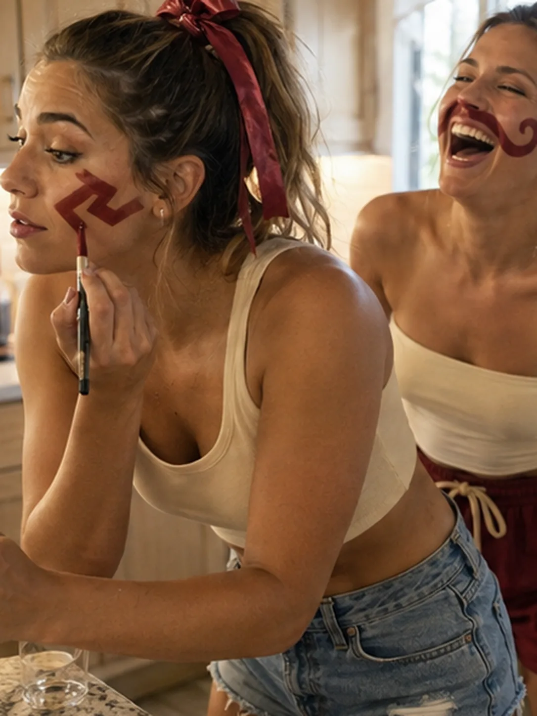 Game face: Paint, stickers, or a drawn-on mustache. Commit. Bright daytime scene.