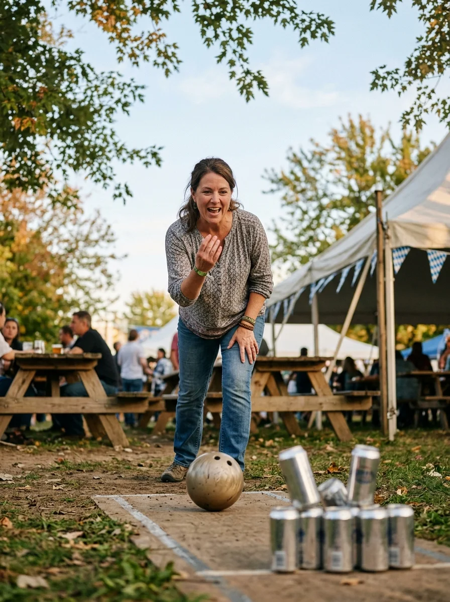 Lawn bowling: keg style. Improvised bowling using a ball or rolling jug against upright cans or bottles. Strike or bust.