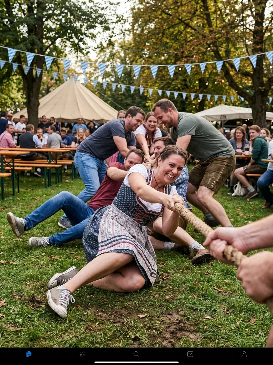 Tug of fest. Classic rope tug-of-war across grass or dirt. Film the moment the losing side hits the turf.