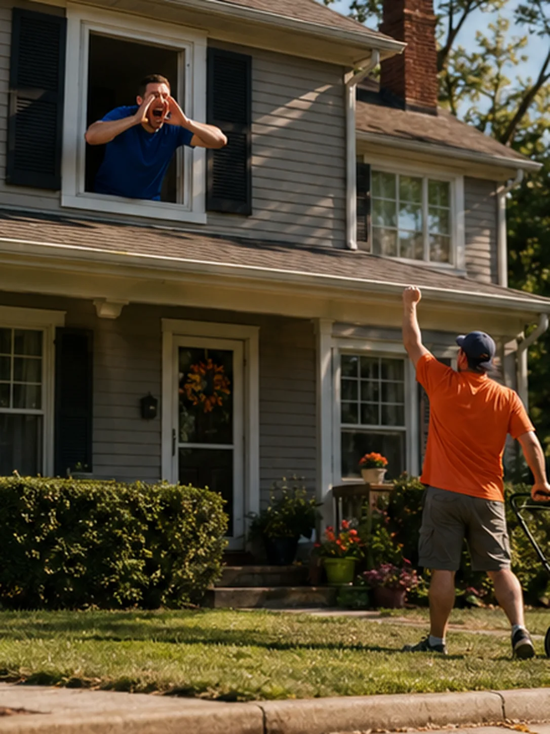 Scream it: First down? Out the window. Let the neighborhood know. Bright daytime scene.