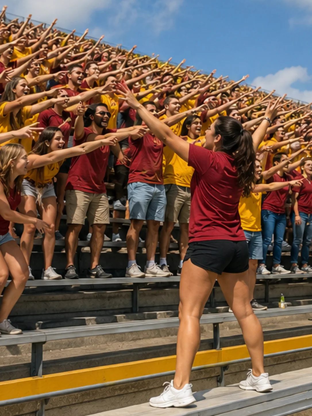 Rowdiest row: Get an entire row or room of strangers doing your chant. Bright daytime scene.