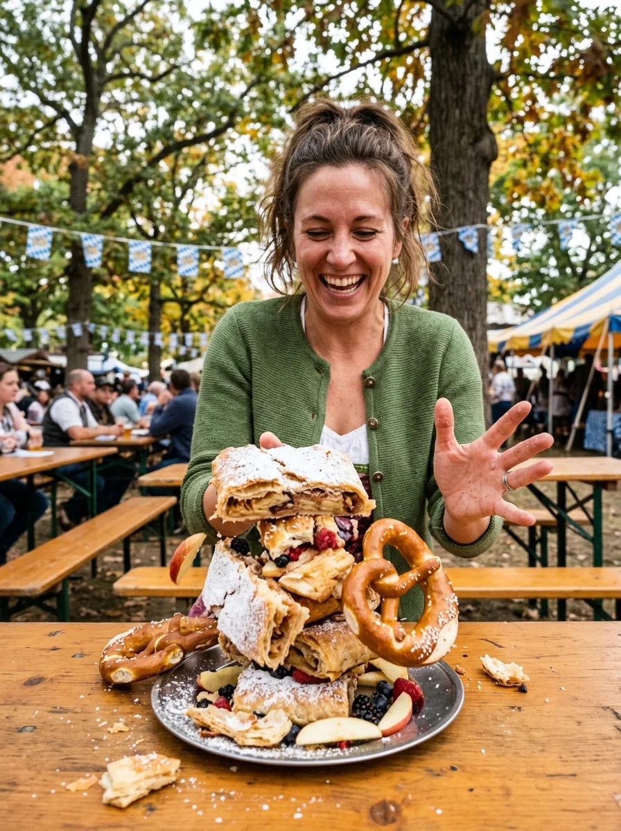 Strudel architecture. Build a dessert tower stacking strudel, pretzels, and fruit until it defies gravity. Capture the collapse.