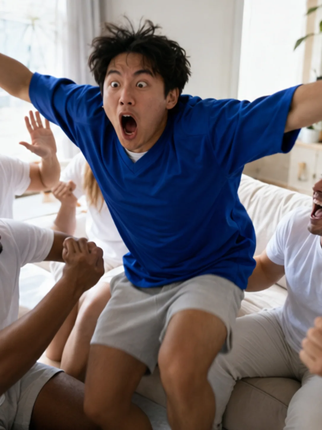 Adopt-a-freshman: Bring someone who's never watched football. Film their first touchdown. Bright daytime scene.
