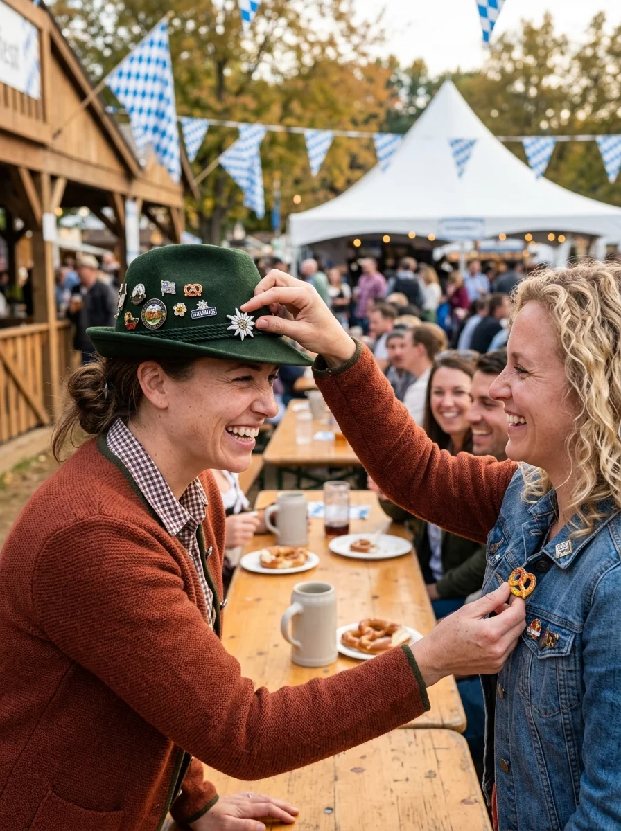 Fest trade. Trade an accessory, button, pretzel, or hat pin with someone from another table. Show off the new gear.