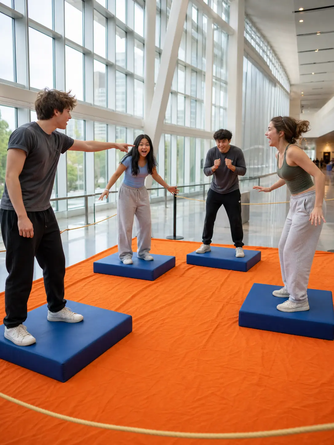 The Floor Is Lava. Call 'the floor is lava' for 15 seconds in an open space — never blocking flow.