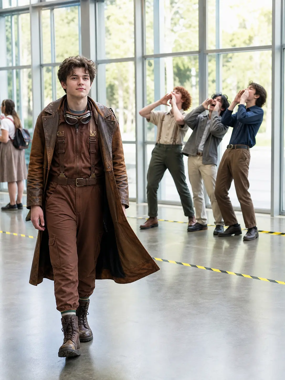Slow Walk from Explosions. Walk toward camera, unbothered, as friends make explosion noises behind you.
