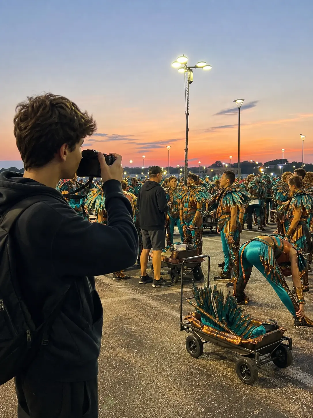 Pre-Parade Dawn. Capture the early-morning parade staging energy.