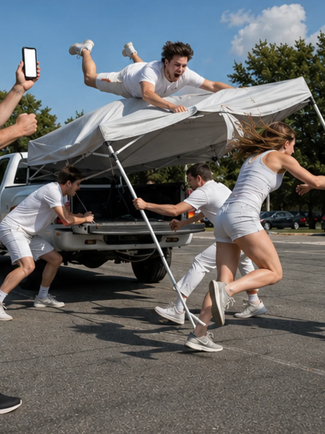 Tent teardown speedrun: Time it. Post the time. Invite challengers. Bright daytime scene.