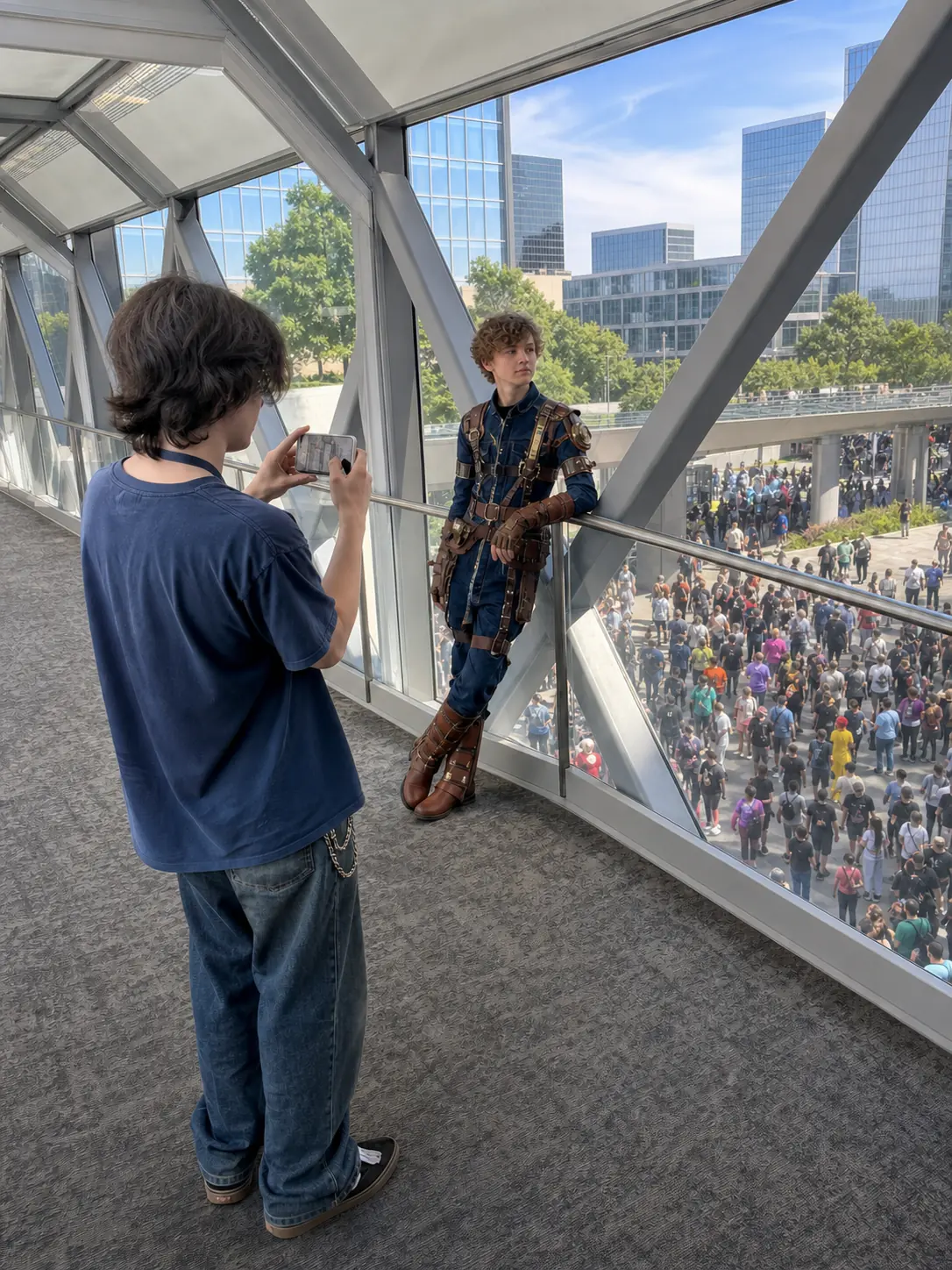 Skybridge Shot. Shoot on a host-hotel skybridge with the crowd below.