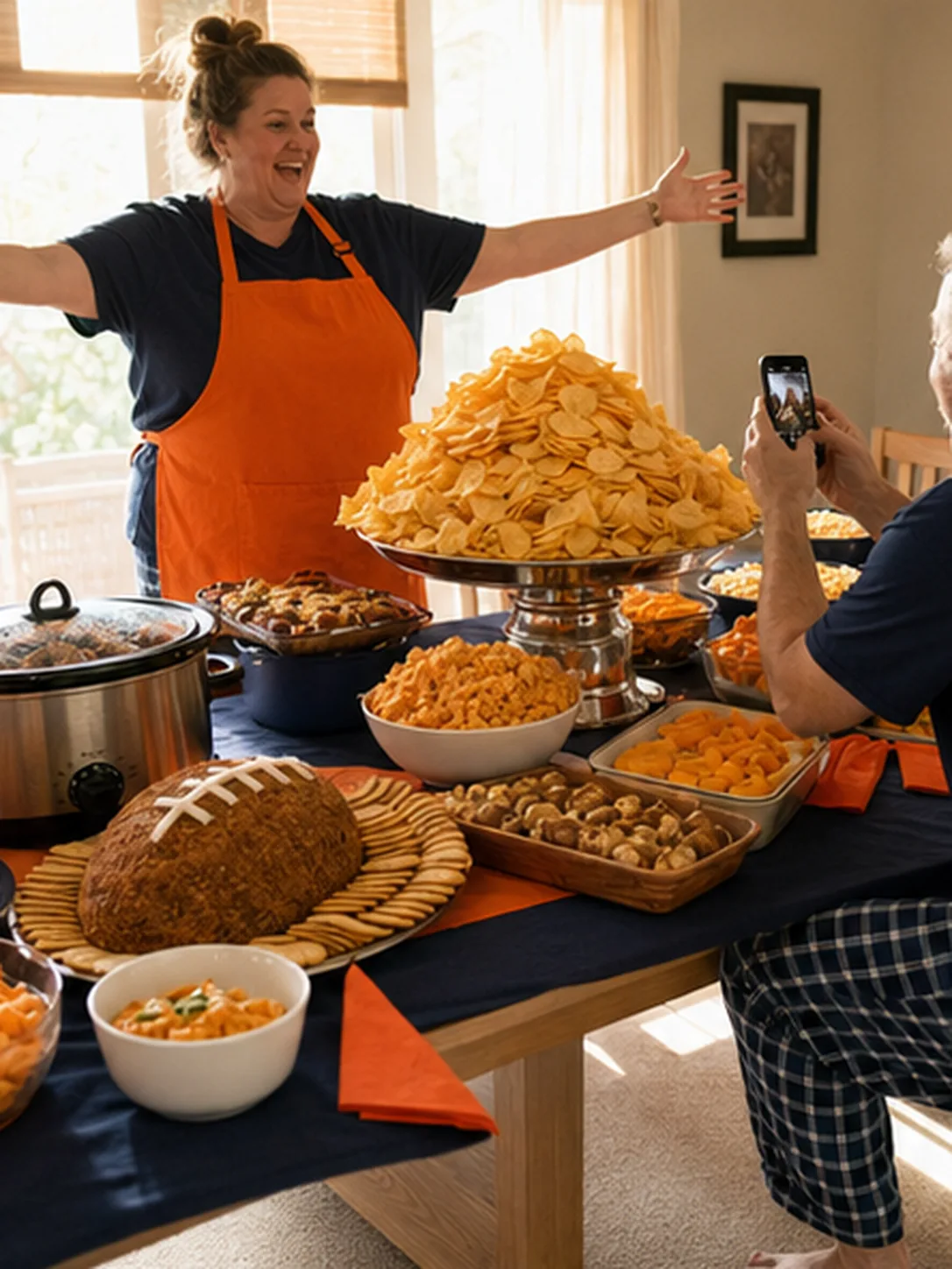 Snack spread: The table before kickoff, in all its glory. Bright daytime scene.