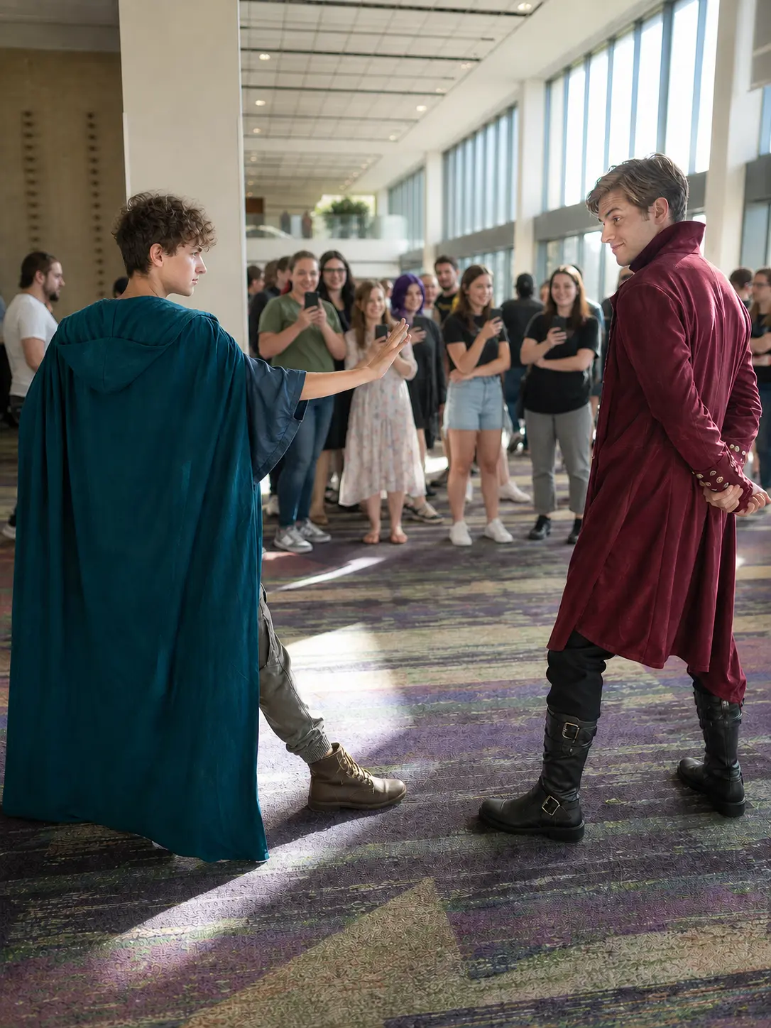 Hero vs Villain Standoff. Catch two strangers frozen in narrative tension, hero facing villain.