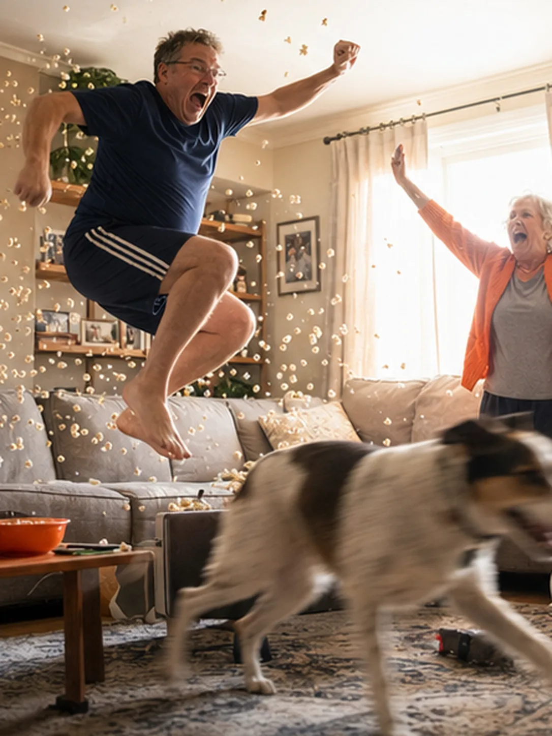 First score: Catch the room the moment your team scores first. Bright daytime scene.
