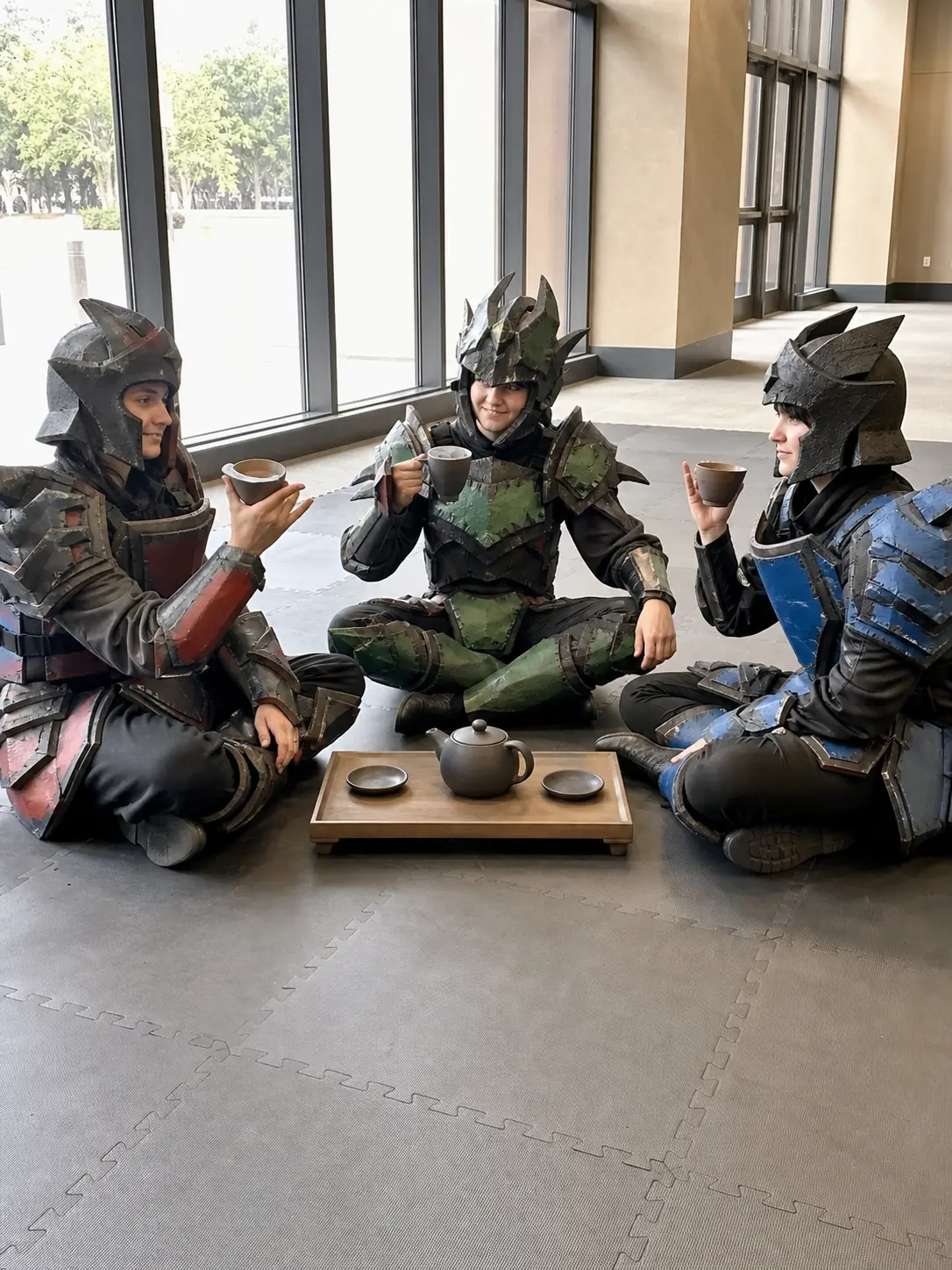 Tea Party in Full Armor. Hold a proper pinkies-out tea party seated on the floor in full battle gear.