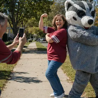 Mascot spotting: You and any mascot. Any species. Bright daytime scene.