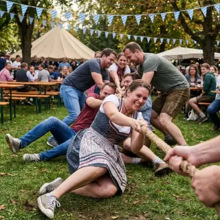 Tug of fest. Classic rope tug-of-war across grass or dirt. Film the moment the losing side hits the turf.