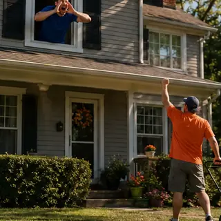 Scream it: First down? Out the window. Let the neighborhood know. Bright daytime scene.