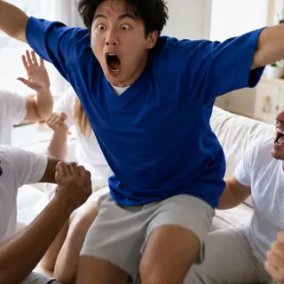 Adopt-a-freshman: Bring someone who's never watched football. Film their first touchdown. Bright daytime scene.