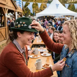 Fest trade. Trade an accessory, button, pretzel, or hat pin with someone from another table. Show off the new gear.