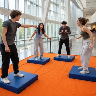 The Floor Is Lava. Call 'the floor is lava' for 15 seconds in an open space — never blocking flow.