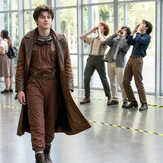 Slow Walk from Explosions. Walk toward camera, unbothered, as friends make explosion noises behind you.