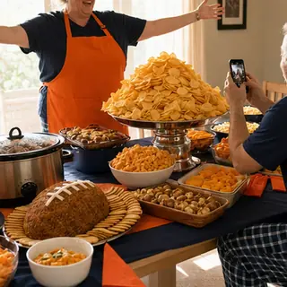 Snack spread: The table before kickoff, in all its glory. Bright daytime scene.