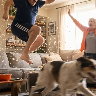 First score: Catch the room the moment your team scores first. Bright daytime scene.